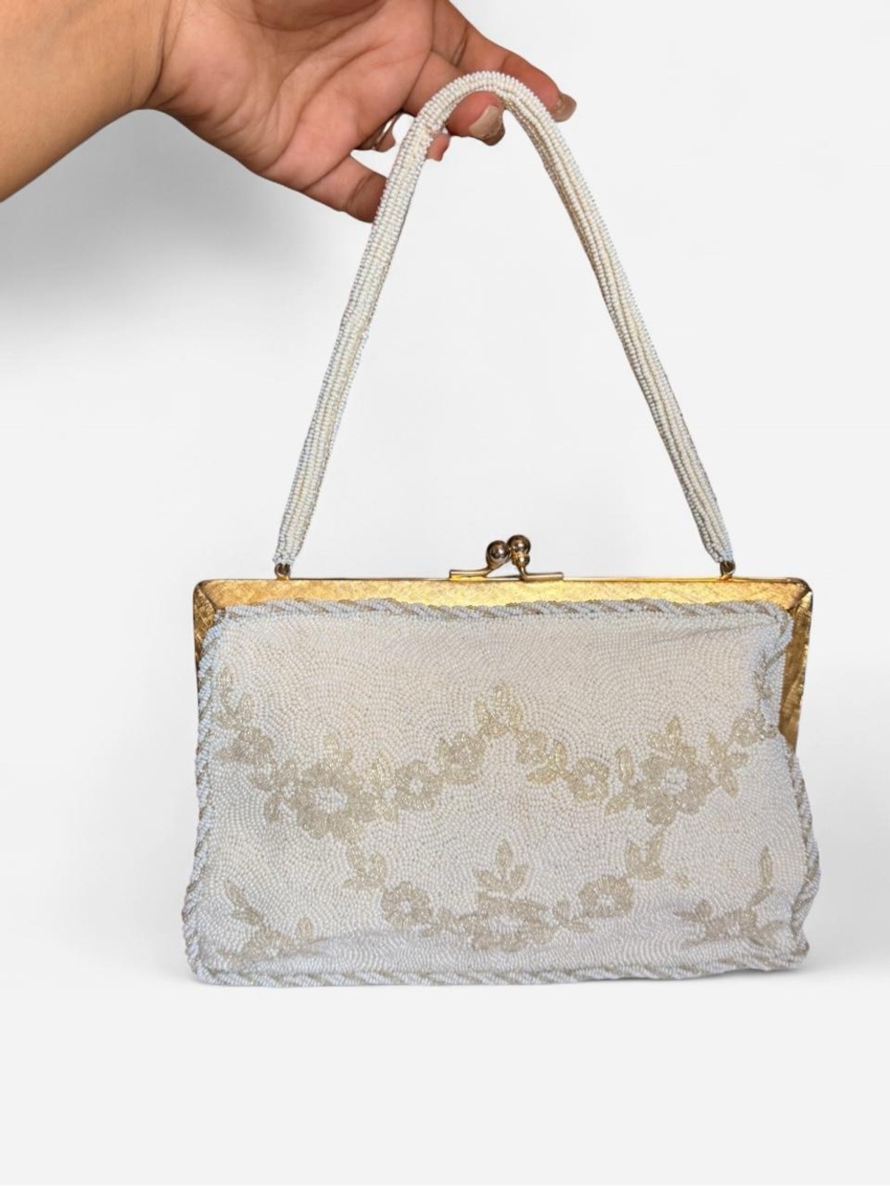 Made in FRANCE white Evening Clutch with Gold Frame